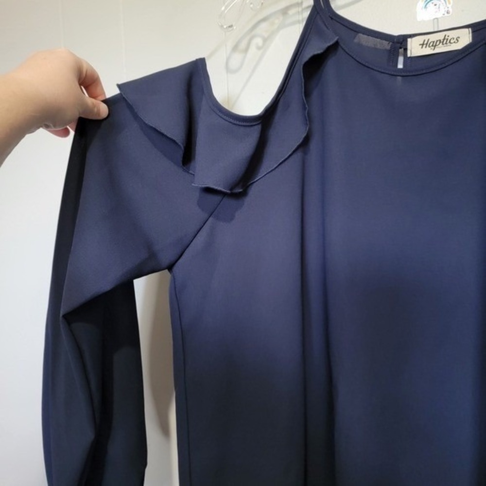 Haptics Holly Harper Navy Blue Ruffle Coldโ Shoulder Balloon Sleeve Blouse 2X